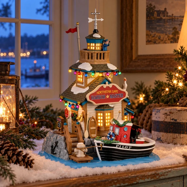 Lemax Northstar Cape Harbor Master House – collectible Christmas village piece displayed in a cosy home