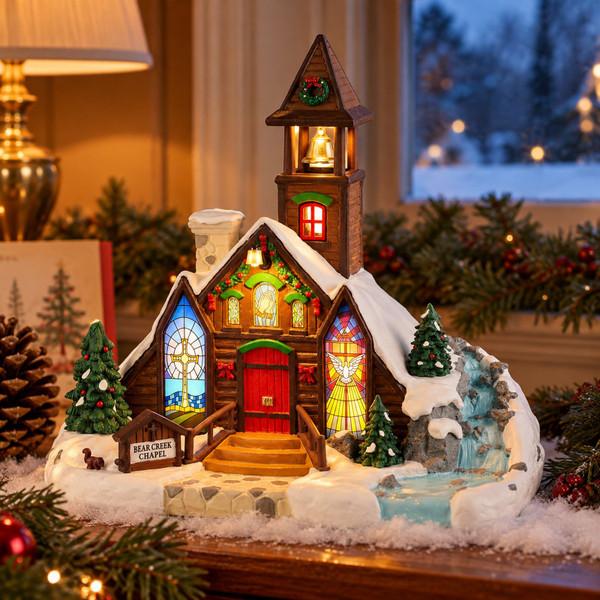 Lemax Bear Creek Chapel – collectible Christmas village piece displayed in a cosy home