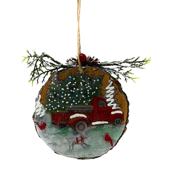 Wooden Red Truck With Cardinals Hanging Ornament