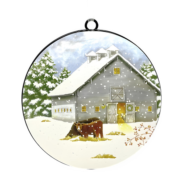 Barn With Cows Round Metal Ornament