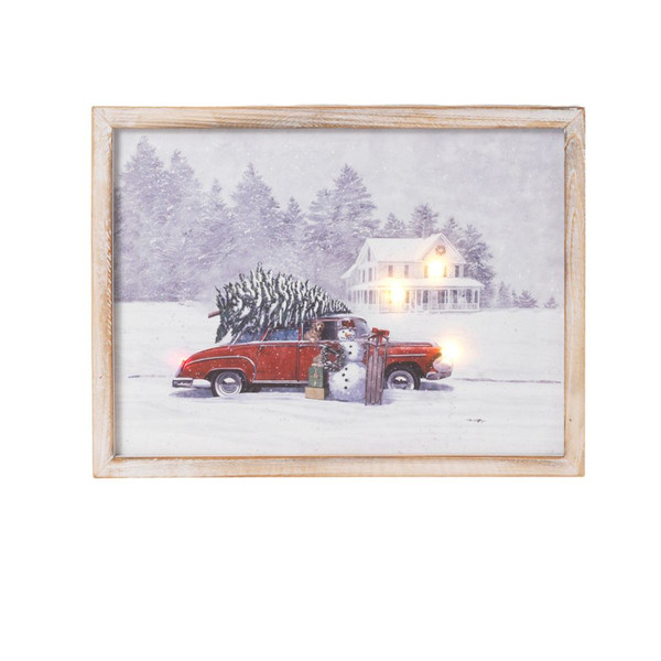 Vintage Lighted Car & Tree Winter Scene Print 15.5 inch