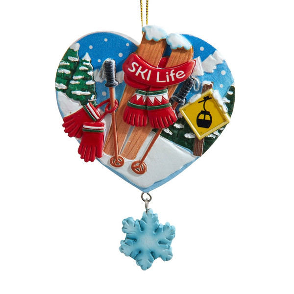 Heart Shaped Ski Life Resin Ornament with Dangle - 4in J8885