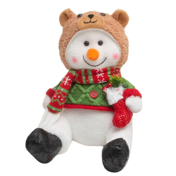 13 Inch Fab Sitting Snowman with Bear Hat - Charming Holiday Plush