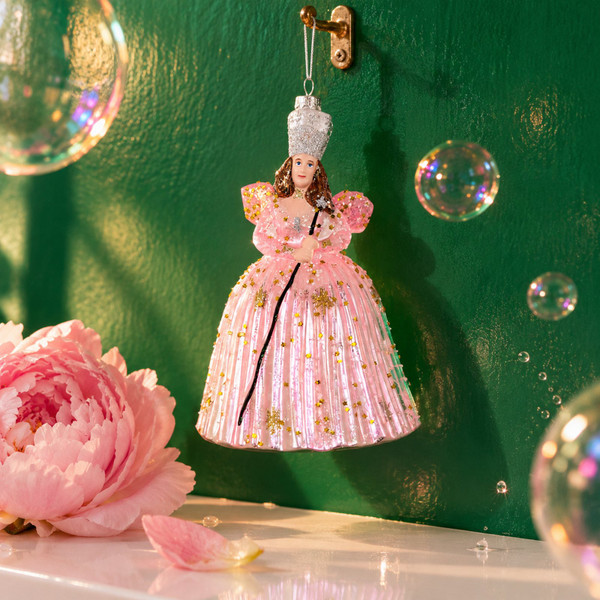 Cody Foster Elegant Glinda the Good Witch Ornament – glass Christmas ornament styled in a fun, eclectic home scene