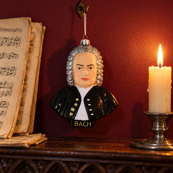 Cody Foster Baroque Composer Bach Ornament – glass Christmas ornament styled in a fun, eclectic home scene