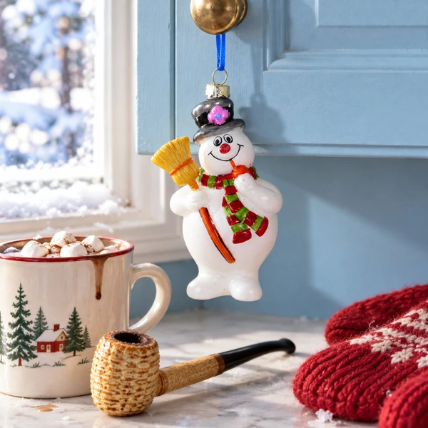 Cody Foster Frosty the Snowman Ornament – glass Christmas ornament styled in a fun, eclectic home scene