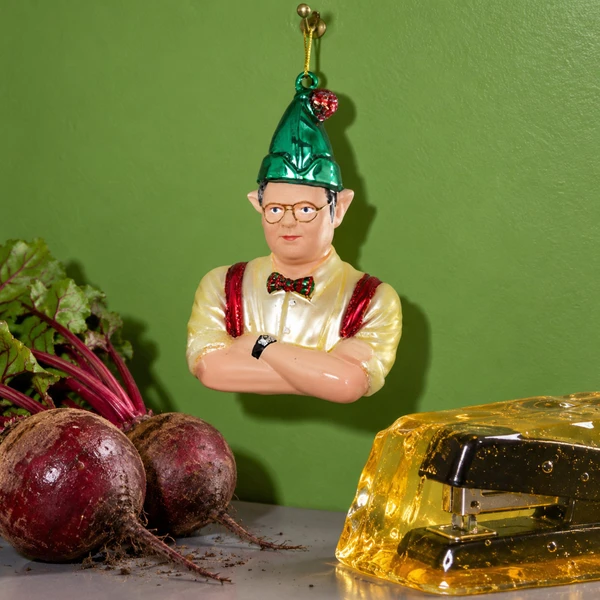 Cody Foster Dwight the Elf Glass Ornament – glass Christmas ornament styled in a fun, eclectic home scene