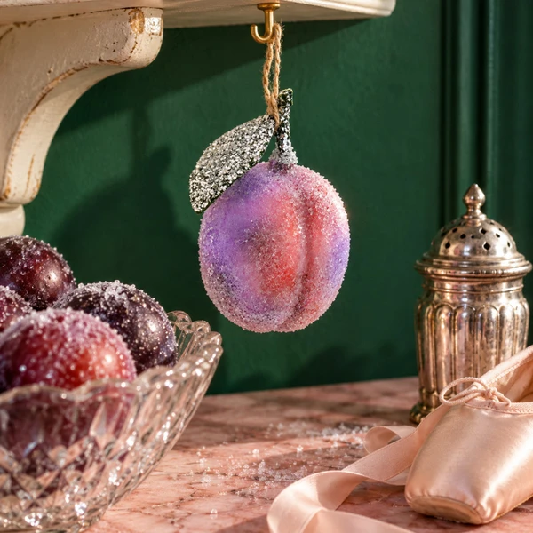 Cody Foster Sugared Plum Christmas Ornament – glass Christmas ornament styled in a fun, eclectic home scene