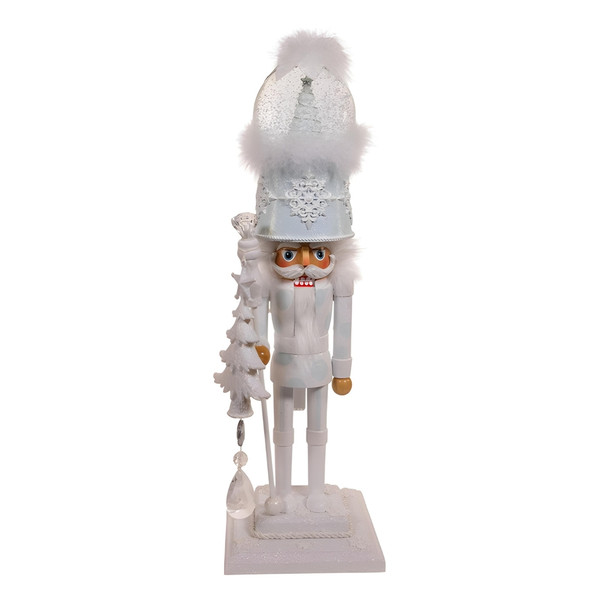 Musical White Soldier Snow Globe Nutcracker