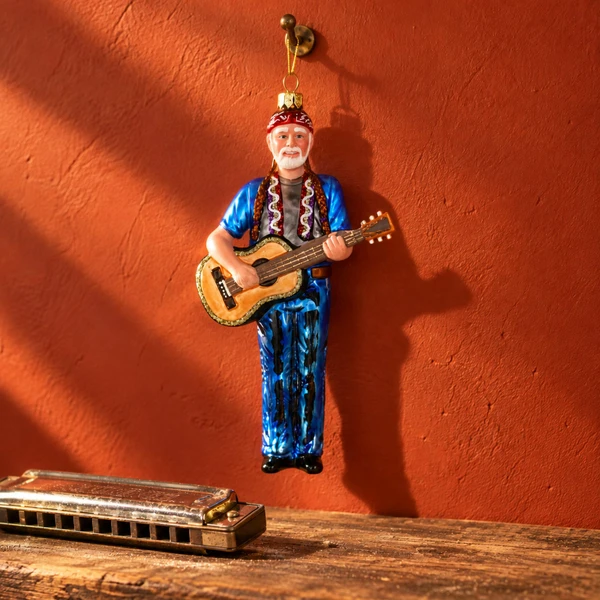 Cody Foster Willie Nelson Country Music Ornament – glass Christmas ornament styled in a fun, eclectic home scene