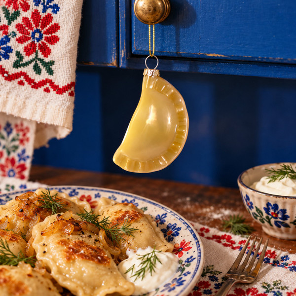 Cody Foster Glazed Pierogi Ornament – glass Christmas ornament styled in a fun, eclectic home scene