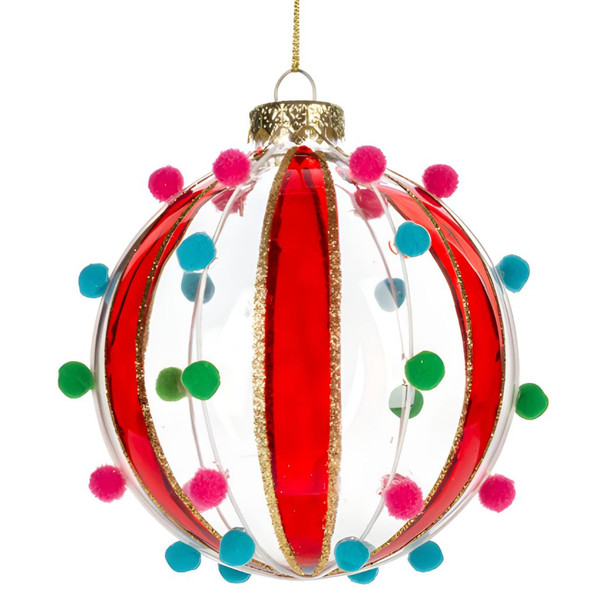 Vibrant Red Pom Pom Glass Ball Ornament