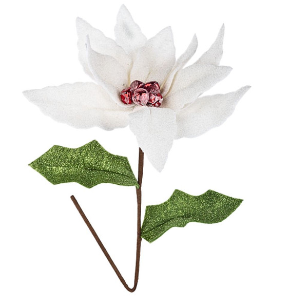White Poinsettia Pick with Glitter
