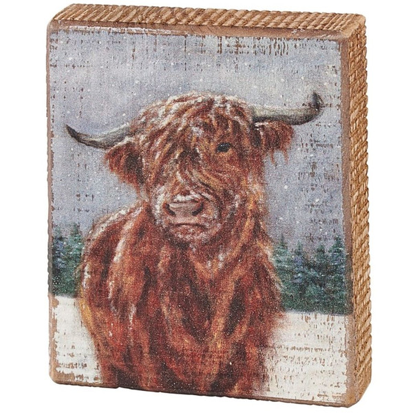 Snowy Highland Cow Block Sign