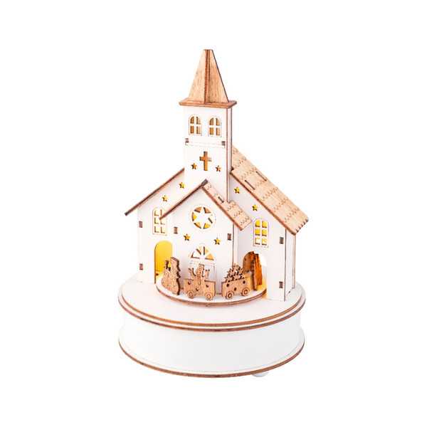 LED Wood Church With Train Scene