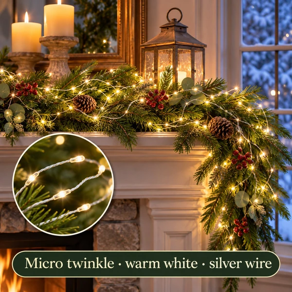 480 Micro-LED Compact Twinkle Lights Warm White on Silver Wire, 19.7 ft - warm white LED lights on a decorated Christmas tree with a close-up of the bulbs