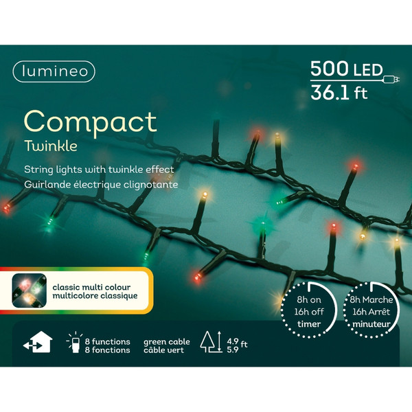 Lumineo 500 LED Classic Multi Color Compact Twinkle Lights, Green Wire, 36 ft