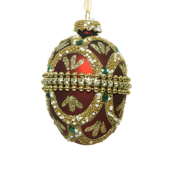 Dark Red Beaded Glass Egg Ornament