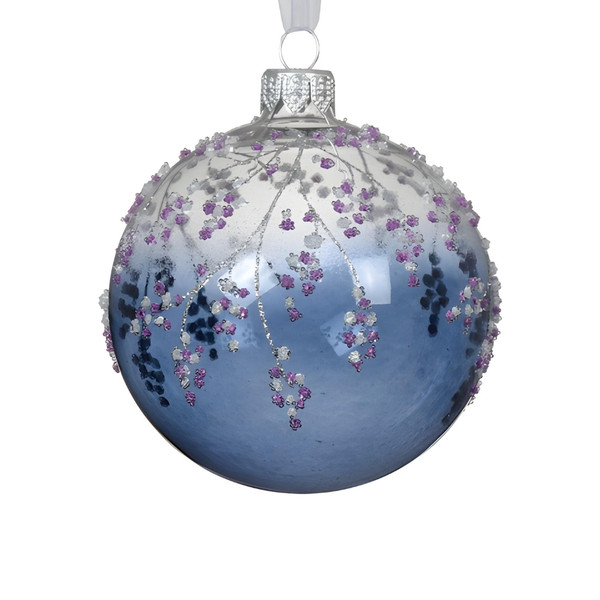 Glass Blue Glittered Floral Ornament