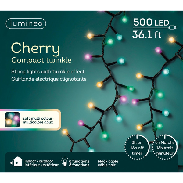 Lumineo 500 LED Soft Multi Color Compact Twinkle Cherry Lights Black Wire