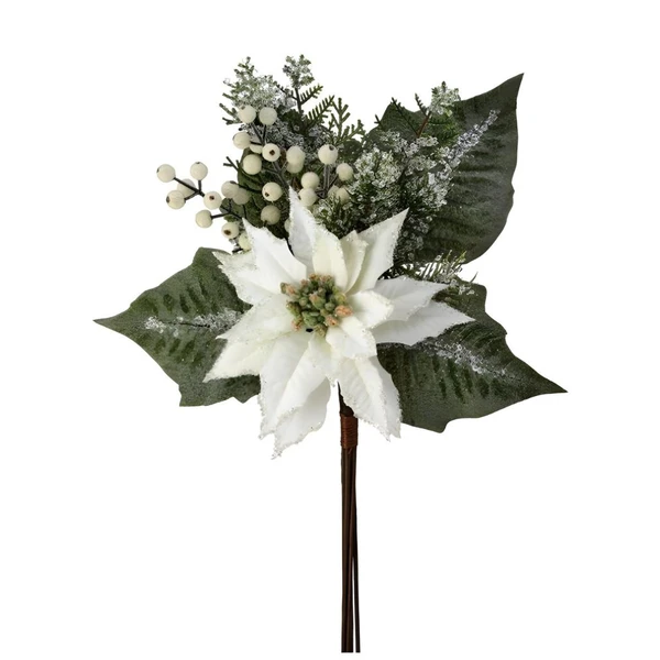 Velvet White Poinsettia Berry Pine Iced Pick
