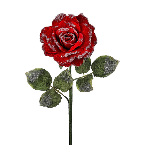 Snow Edge Velvet Red Rose Stem