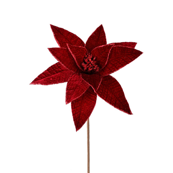 Velvet Glitter Edge Jewel Burgundy Poinsettia Stem
