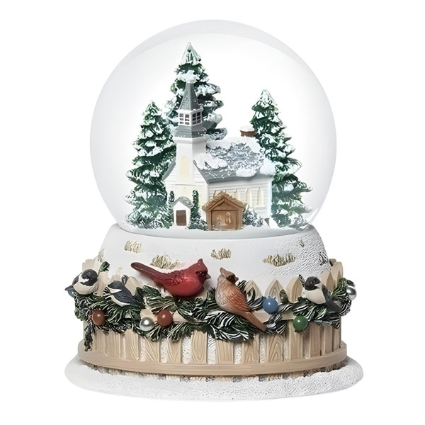 Church and Birds on Fence Snowglobe