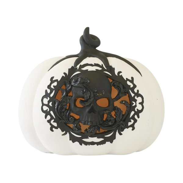 White And Black Filigree Skull LED Pumpkin with Timer