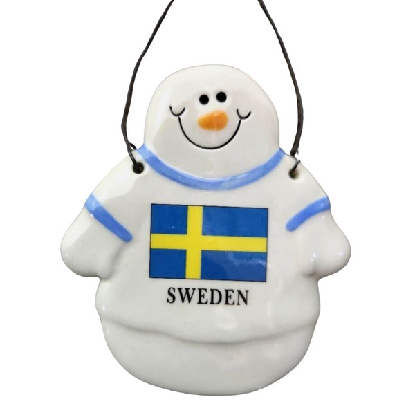 Snowman with Sweden Flag Ceramic Ornament