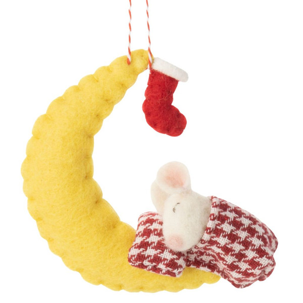 Felt Mouse Under Crescent Moon Ornament