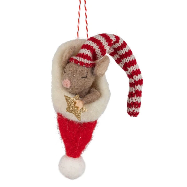 Felt Sleeping Mouse in Christmas Hat Ornament