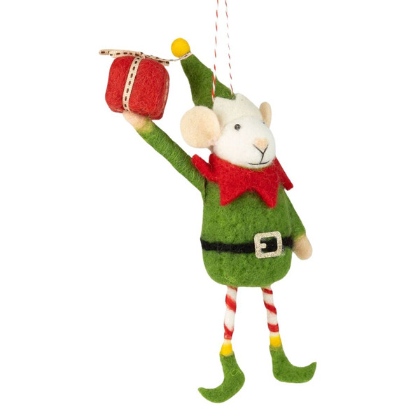 Felt Elf Mouse in Green Suit Holding Present Ornament