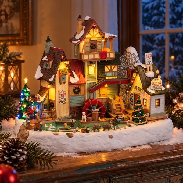 Lemax The Rocky River Grist Mill – collectible Christmas village piece displayed in a cosy home