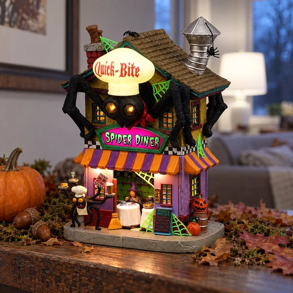 Lemax Spooky Town - Quick-Bite Spider Diner – collectible Halloween village piece displayed in a cosy home