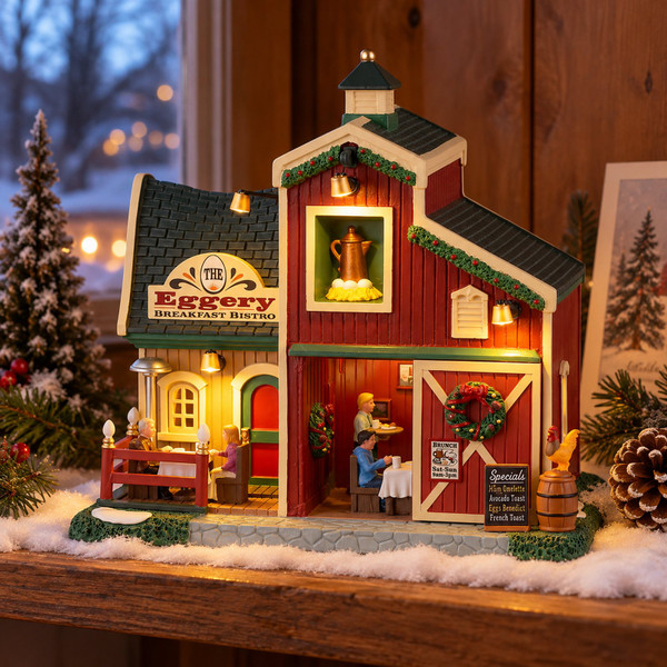 Lemax The Eggery Breakfast Bistro – collectible Christmas village piece displayed in a cosy home