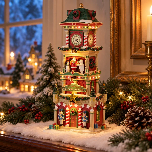 Lemax The Village Square Clock Tower – collectible Christmas village piece displayed in a cosy home
