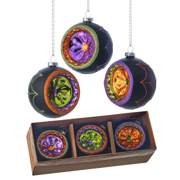 Glass Halloween Reflector Ornament Box Set of 3
