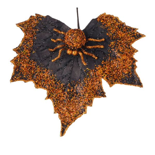 Sequin Spider with Glitter Leaf Ornament – Orange
