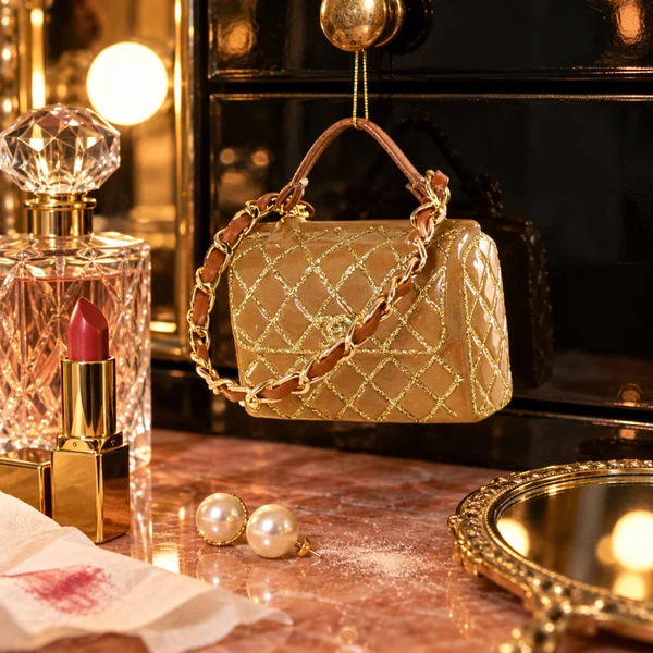 Cody Foster Gold Purse Ornament – glass Christmas ornament styled in a fun, eclectic home scene