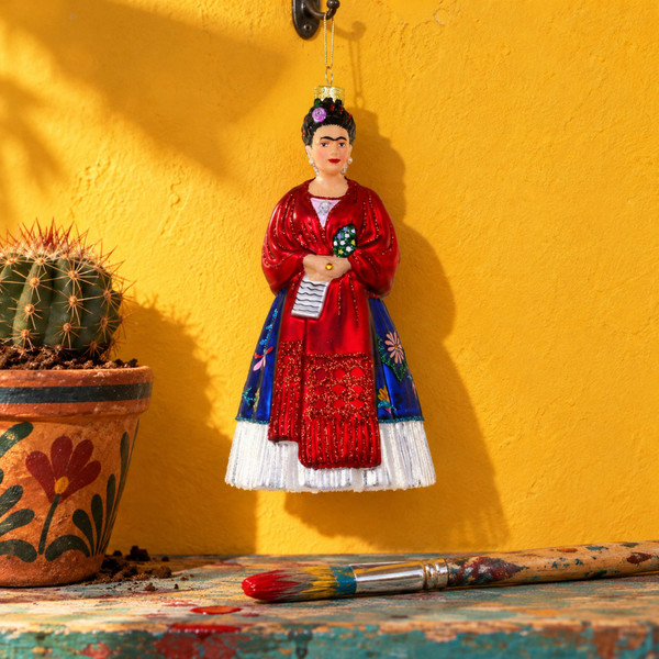 Cody Foster Frida Ornament – glass Christmas ornament styled in a fun, eclectic home scene