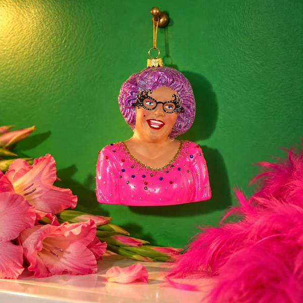 Cody Foster Dame Edna Ornament – glass Christmas ornament styled in a fun, eclectic home scene