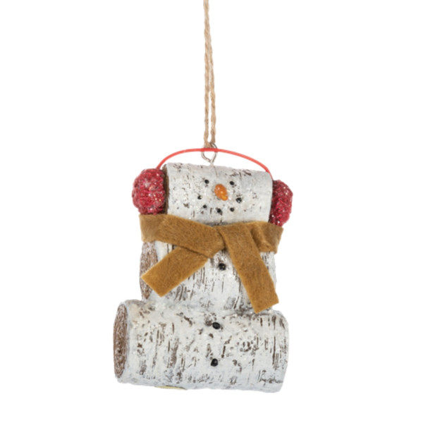 Birch Snowman with Gold Scarf Ornament