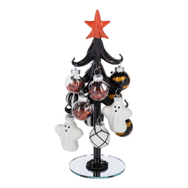 Glass Halloween Tree With Ghosts and Black Ornaments