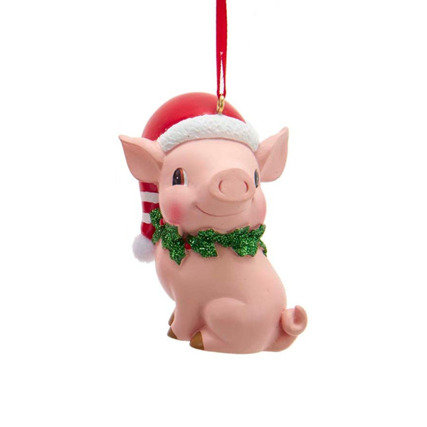 Sitting Pink Pig Santa Hat Christmas Ornament