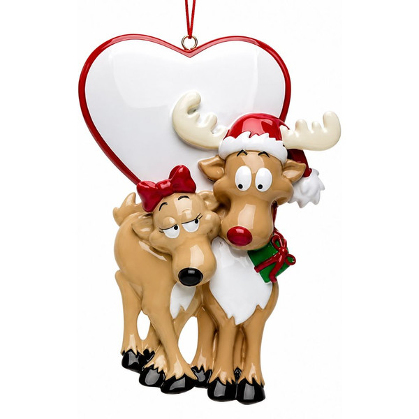 Resin Be My Deer Couple Ornament featuring two smiling reindeer beneath a white heart-shaped background.

3.5-inch Christmas ornament with adorable reindeer couple and space for personalized names or a date.

Couples Christmas ornament made of resin with heart backdrop and festive holiday design.