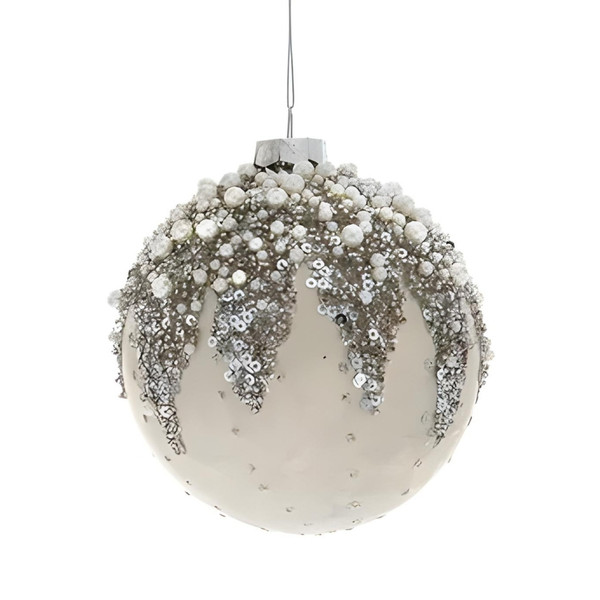 Glass Ivory Beaded Ball Ornament