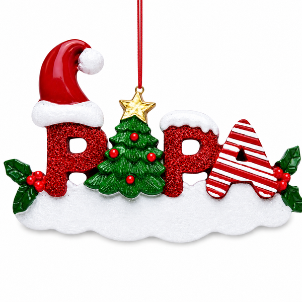 Personalized "Papa" Christmas ornament with Santa hat, decorated tree, and glitter accents.
Resin holiday ornament measuring 2.75 inches tall by 4.25 inches wide.
Festive keepsake ornament with space for a handwritten name and date.