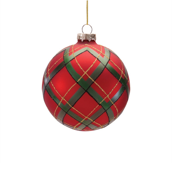 Red And Green Plaid Glass Christmas Ball Ornament