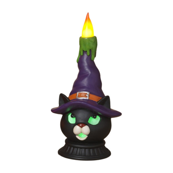 Lighted Halloween Black Cat Figurine with Candle and Witch Hat